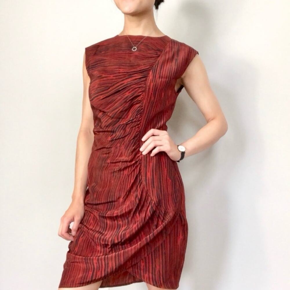 No. 6 Store Red Gathered Ruched Striated Striped 100% Silk Mini Dress 2 M